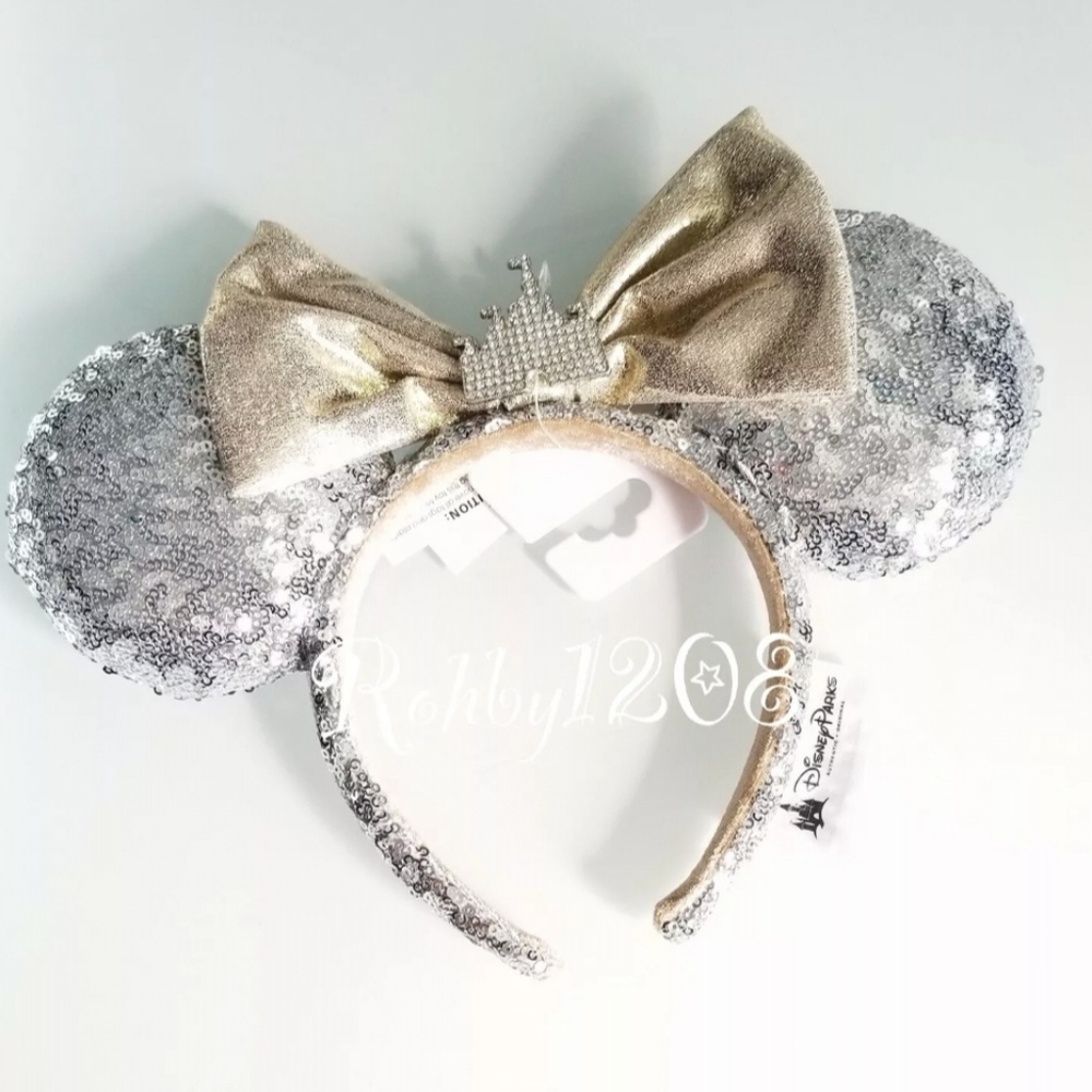 Disney Silver Sequin Disneyland Sleeping Beauty Castle Minnie Ears Headband BNWT